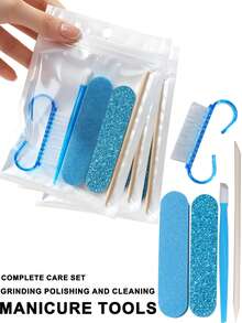 Blue Beginner Nail Buffing & Cuticle Removal Tool Set, Easily Complete Manicure, Buffing, Cleaning Process, Suitable For Sweet Girls, Students, Nail Enthusiasts, Home Manicure, Travel Carry, Tool Accessories, Nail Auxiliary Tools, Cuticle Care Tools - Blue - View 1