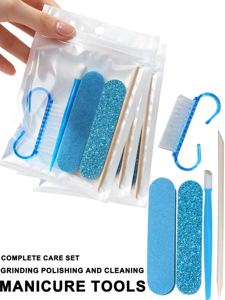 Blue Beginner Nail Buffing & Cuticle Removal Tool Set, Easily Complete Manicure, Buffing, Cleaning Process, Suitable For Sweet Girls, Students, Nail Enthusiasts, Home Manicure, Travel Carry, Tool Accessories, Nail Auxiliary Tools, Cuticle Care Tools - Blue - View 1