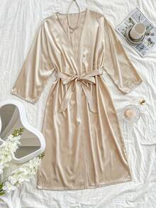 1 pieza Bata larga de manga larga, cuello en V, minimalista, cómoda, de unicolor, elegante y casual para el hogar - Caqui - Ver 3