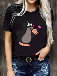 Camiseta casual de cuello redondo para mujer, con estampado de letras, cómoda y ajustada, ideal para primavera y verano. - Negro - Ver 1
