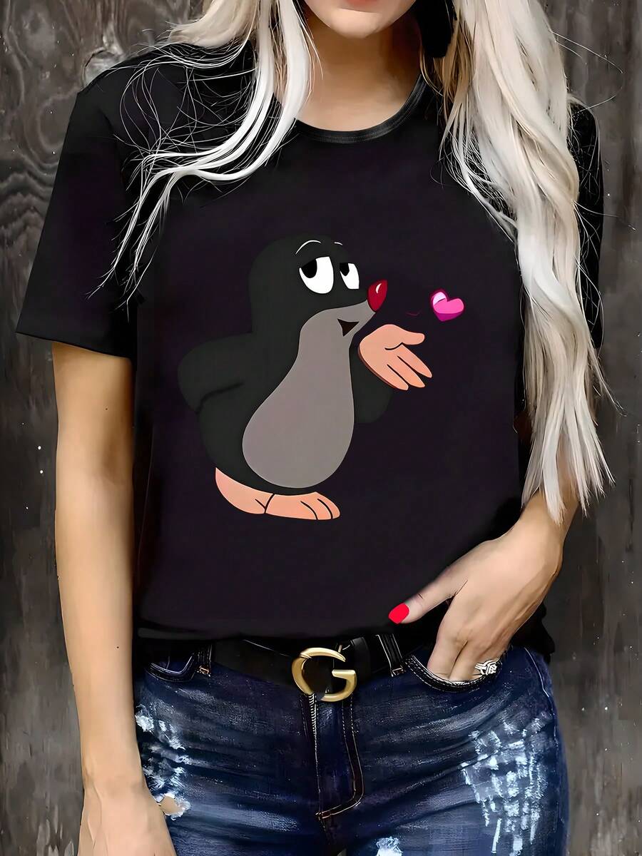 Camiseta casual de cuello redondo para mujer, con estampado de letras, cómoda y ajustada, ideal para primavera y verano. - Negro - Ver 1