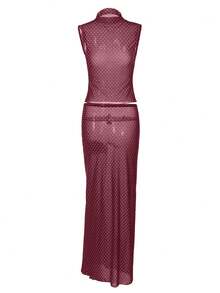 Women's Solid Color Polka Dot Camisole And Long Skirt 2 Pieces Set, Fitted Sexy Outfit For Birthday Party, Nightclub, Date, Casual Wear Summer Vacation Elegant - Burgundy - View 8