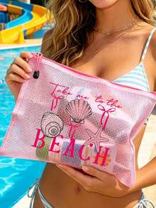 PVC 化妝包，多色防水時尚網格海灘包，印有「BEACH」海星圖案化妝包，海灘主題。大容量透明化妝包，尼龍拉鍊盥洗包，輕巧，可存放防曬霜、零食、比基尼和海灘必需品。春/夏收納，適用於游泳、度假、返校、宿舍日常使用 - 彩色 - 查看 9