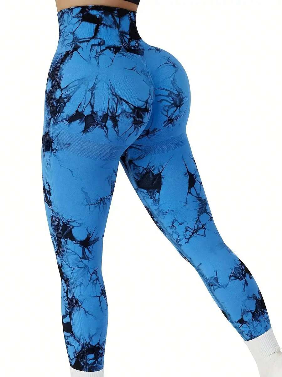 Women's High Waist Peach Butt Seamless Tie-Dye Stretch Fitness Yoga Pants - BlueBlack - 查看 1