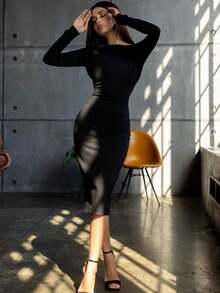 Women's Summer Fashion Deep V-Neck Backless Pearl Long Sleeve Fitted Midi Dress, Black Embellished Sexy Nightclub Birthday Evening Cocktail Dress - Black - View 3