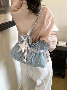 New Fashion Casual Solid Color Denim Fabric Tote Bag Star Pattern Pleated Fabric Women's Shoulder Bag - Baby Blue - View 3
