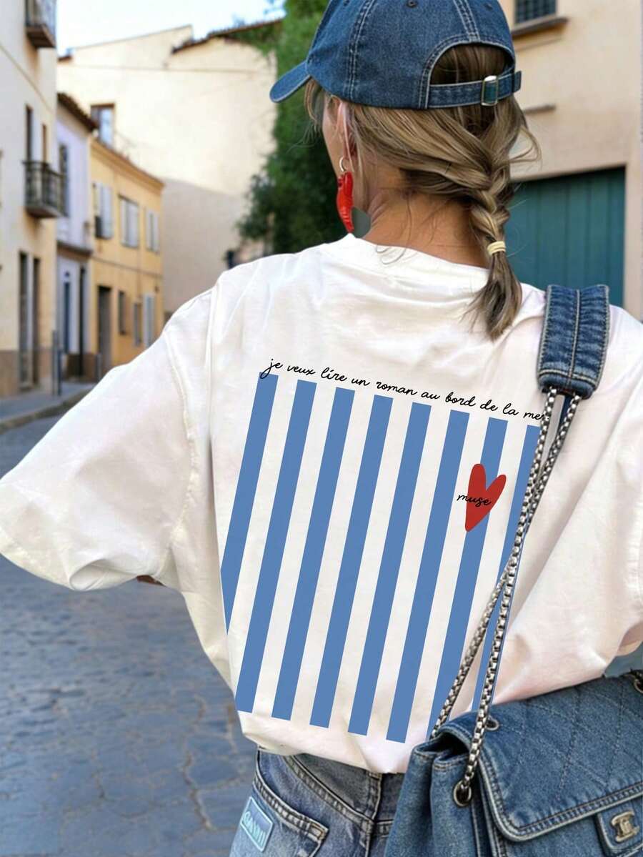Kurzärmeliges T-Shirt mit blau-weiß gestreiftem Muster und Rundhalsausschnitt, vielseitiges und elegantes weißes Damenhemd. - Weiß - Übersicht 1