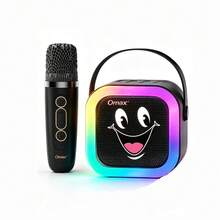 Omax K12 1對1/1對2 黑色笑臉便攜式卡拉OK喇叭，便攜式卡拉OK機，藍牙連接，彩色氛圍燈，適合居家、戶外、派對卡拉OK，聖誕節、假日、生日完美禮物，長效電池續航，喇叭電池 DC3.7V/800mAh，麥克風電池 DC3.7V/300mAh - 黑色1+1 - 查看 1