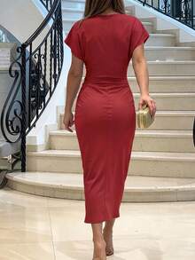 ChicMe Women's Elegant Deep V-Neck Ruched Front Slit Fitted Mid-Length Dress, Fashionable For Cocktail Party And Business Attire Red Summer - Red - View 2