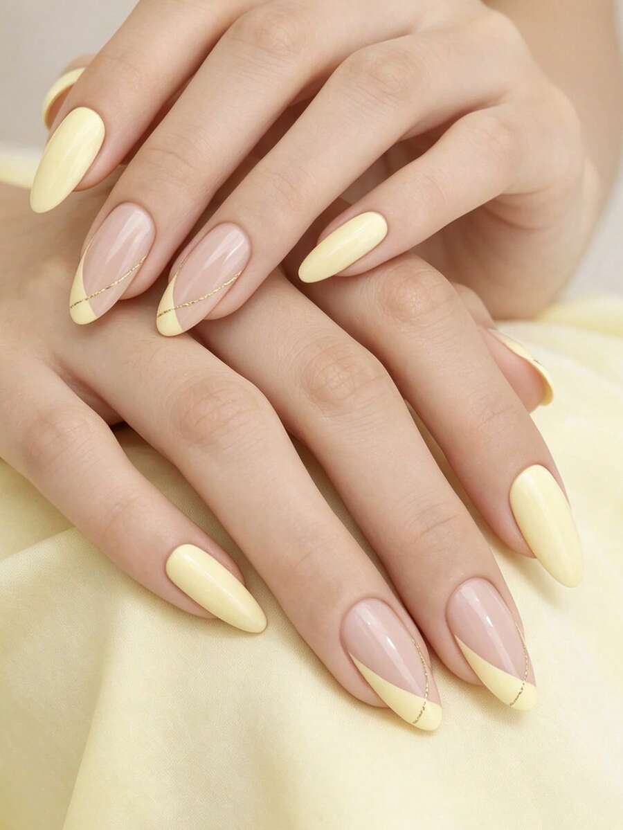 Show Your Beauty 24片杏仁形經典優雅奶油黃亮面珍珠光澤金條紋法式亮色假指甲,時尚百搭穿戴式甲片,適合約會、派對、春夏秋冬日常佩戴,適用於女性與女孩,可拆卸穿戴甲組含果凍膠與指甲銼條,易佩戴且持久,果凍膠隨機發貨 - 芥末黃 - 查看 1