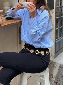 女款淺藍色條紋長袖鈕扣領梭織襯衫，標準版型，適合春秋穿著 - 藍色 - 查看 7