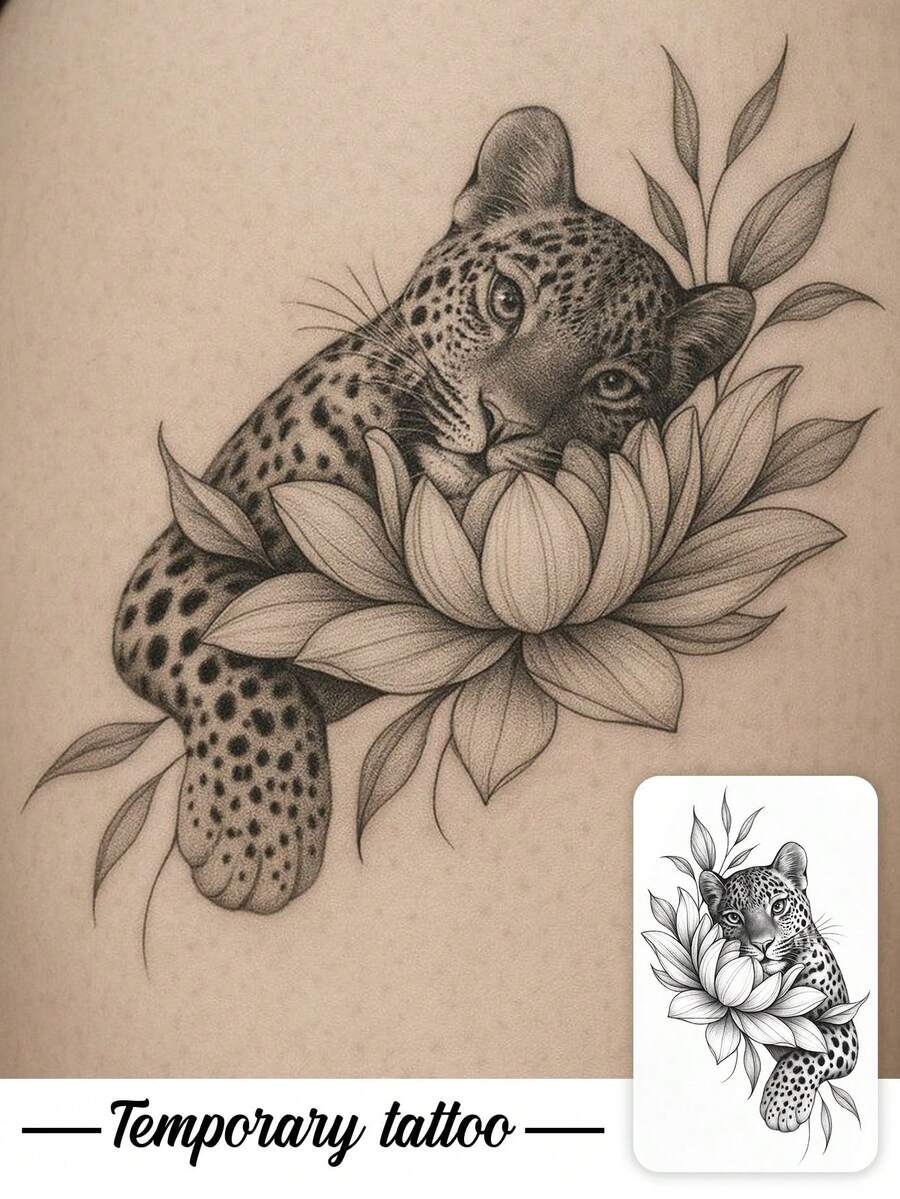 1片黑灰色素描豹紋與蓮花枝葉結合圖案臨時紋身貼紙,逼真紋身設計。適合旅行、音樂節、遊戲、畢業禮物。可維持3-5天。 - 黑色 - 查看 1
