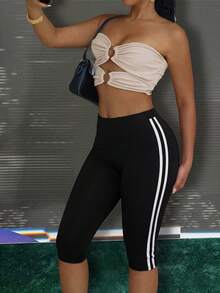 Retro American Contrast Color Trim Design Tight Fit Shaping Leggings, Yoga Pants Black Summer - Black - View 6