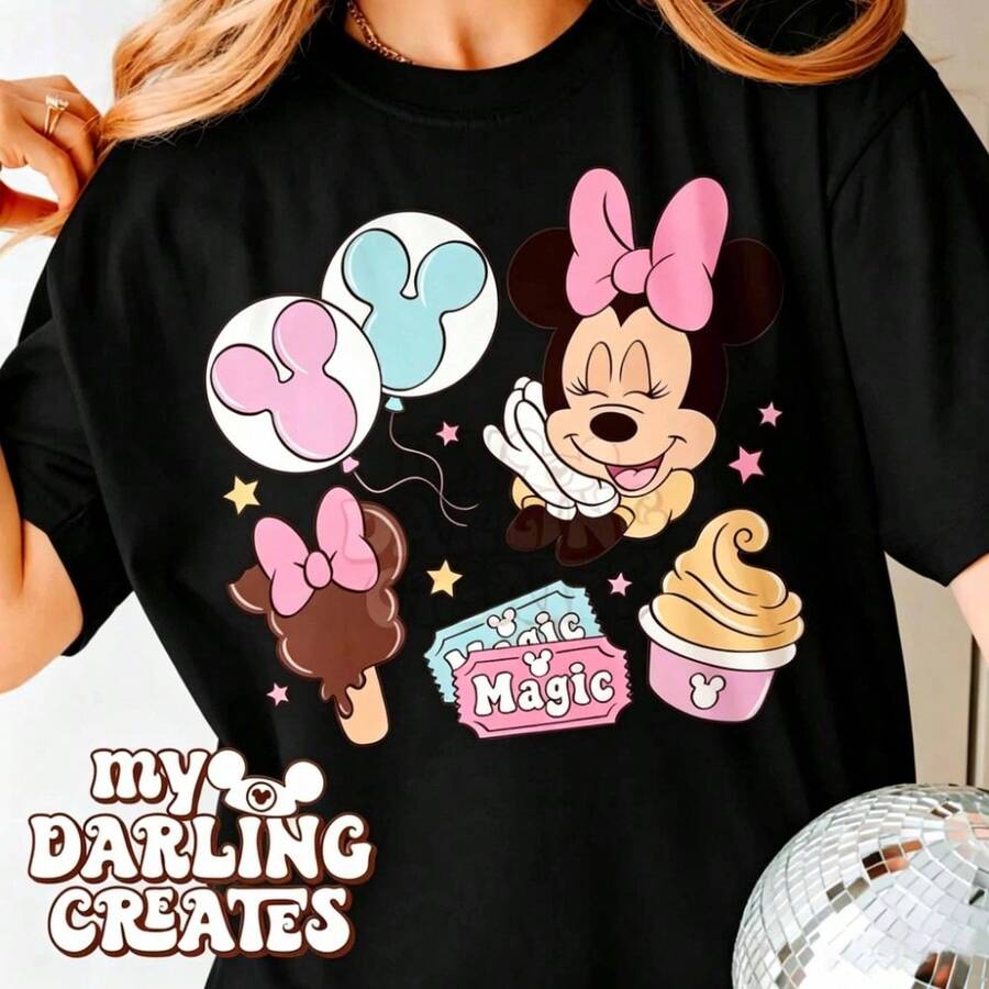 Disney Minnie Mouse Magic T-Shirt, Cute Minnie With Balloons & Snacks Graphic Tee, Casual Vacation Top - 黑色 - 查看 1