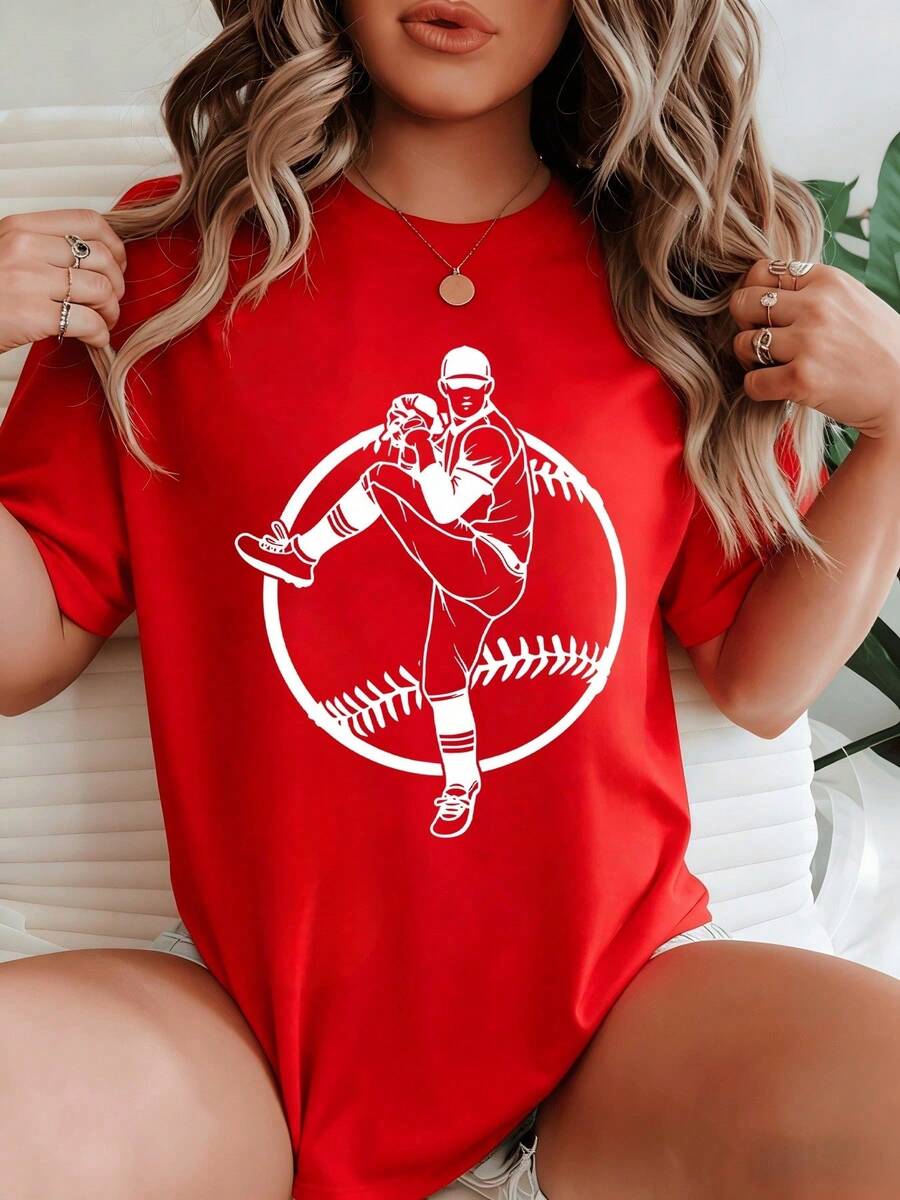 NewSummerCasualIlustración de lanzador de béisbol mostrando fuerza y enfoque dentro de una pelota simbolizando determinación y pasión deportiva camiseta para mujer 100% algodón-Vintage Stree - Rojo - Ver 1