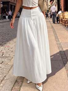 minisummer Woman Fall Elegant White Textured Maxi Skirt, High Waist Front Button Pleated Flowy A-Line Long Swing Skirt For Daily Holiday - White - View 1