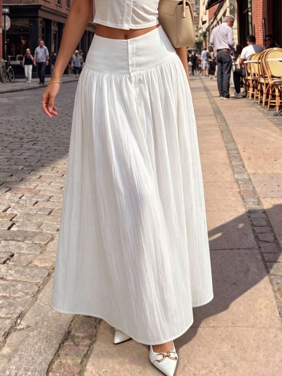 minisummer Woman Fall Elegant White Textured Maxi Skirt, High Waist Front Button Pleated Flowy A-Line Long Swing Skirt For Daily Holiday - White - View 1