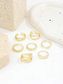 7pcs Gold Metal Thick Ring Set, Minimalist Cross Ring Design, Women's Stackable Simple Finger Ring Jewelry - Gold - View 5