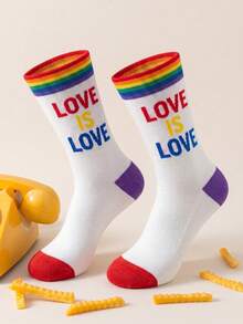 1/3 Pairs Black LGBTQ Pride Mid-Calf Socks, Rainbow Gradient Letter Print, Striped Cuff Knit Casual Streetwear Crew Socks - Multicolor - View 3