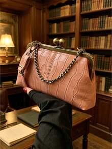 Vintage Chain Decor Shoulder Crossbody Bag Solid Color Handbag Women's Evening Bag Suitable For Work, Travel, Dating, Shopping - Pink - View 4