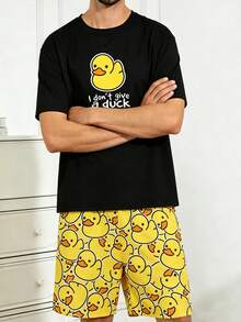 Summer Men's Thin Pajama Set, Round Neck Little Yellow Duck Print Short Sleeve & Long Pants 2 Pieces Casual Comfortable Loungewear Set - Black - View 4