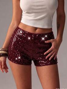 Women's New Autumn/Winter Daily Versatile Leopard Print Sequin Embroidered All-Season Shorts - Red Violet - View 1