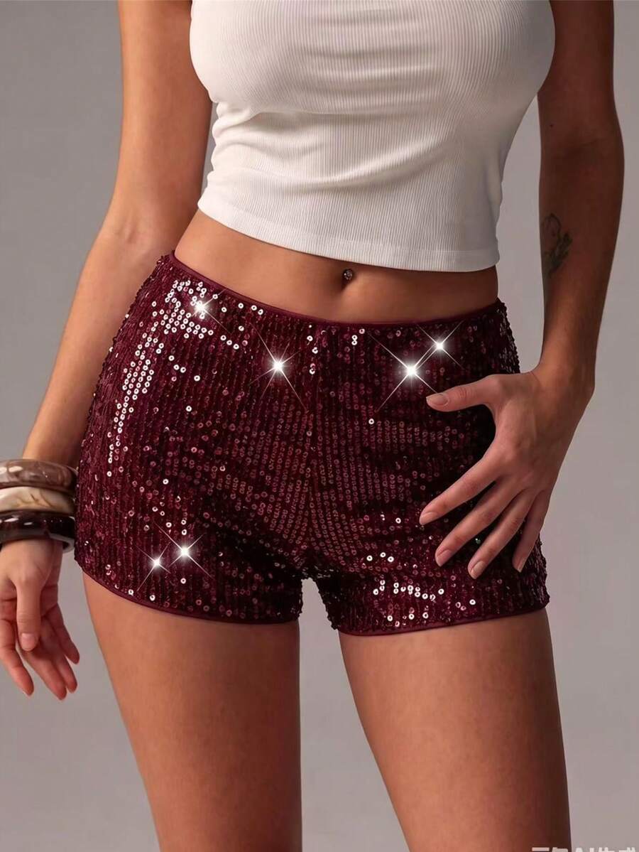 Women's New Autumn/Winter Daily Versatile Leopard Print Sequin Embroidered All-Season Shorts - Red Violet - View 1