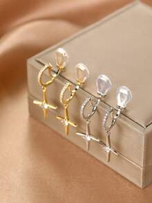 1 Pair Fashionable New Zirconia Circle Cross Pendant Copper Clip-On Earrings For Women Without Pierced Ears, High-End Elegant Ear Jewelry Suitable For Daily Wear And Holiday Gifts - Ear Clip - View 4