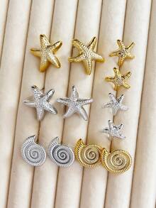 1/6 Pairs Gold & Silver Starfish Shell Earring Set Beach Holiday - Multicolor - View 2