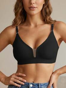 1pc Women's Casual Minimalist Solid Color Deep V-Neck Spaghetti Strap Backless Bra, Comfortable & Suitable For Wedding Dress - Black - View 4