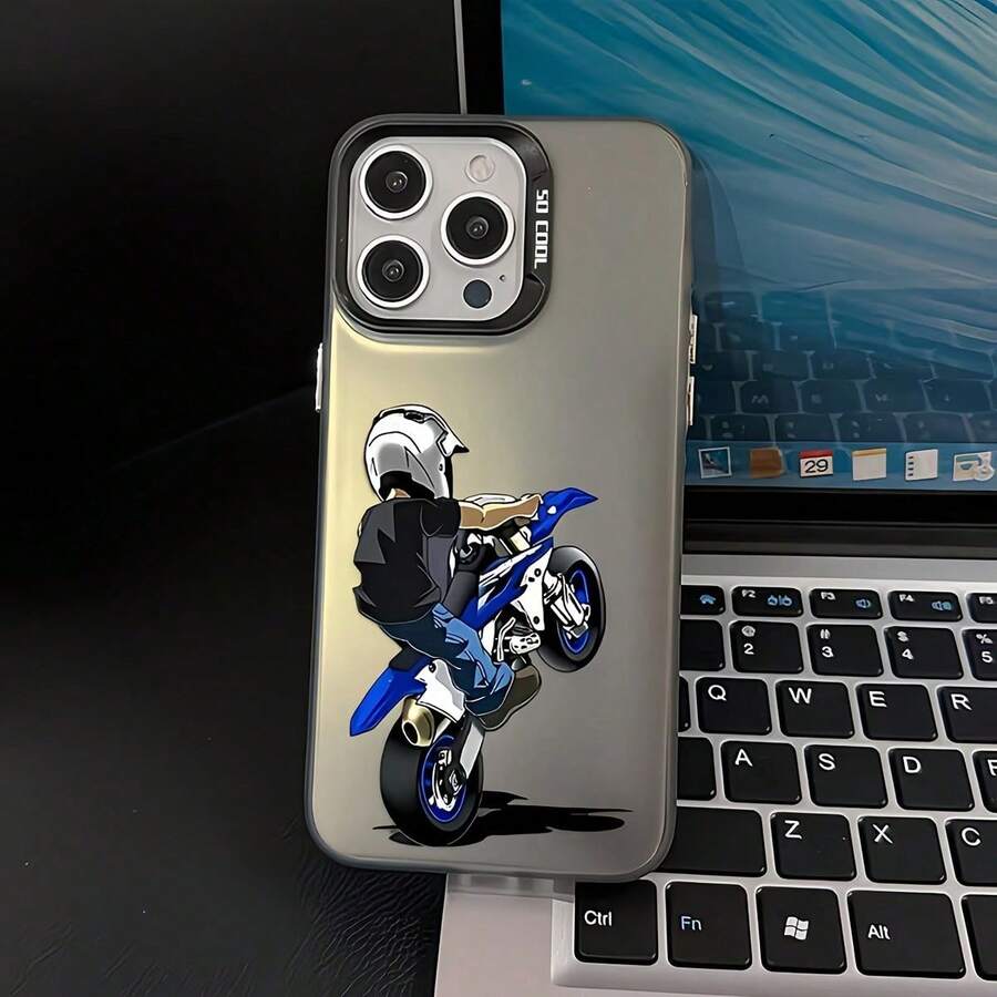 1pcs Black Matte IMD Cartoon Motorcycle Pattern Phone Case Compatible With IPhone 16 Pro Max, 17/16/15/14 Plus, 13/12/11, Air, Series - 1 PCS - 查看 1