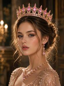 KOVLYNE 1Pc Gold Plated Crystal Crown - Teardrop Rhinestone Full Round Tiara, Styling Supplies For Wedding, Prom & Pageant - Multicolor - View 3
