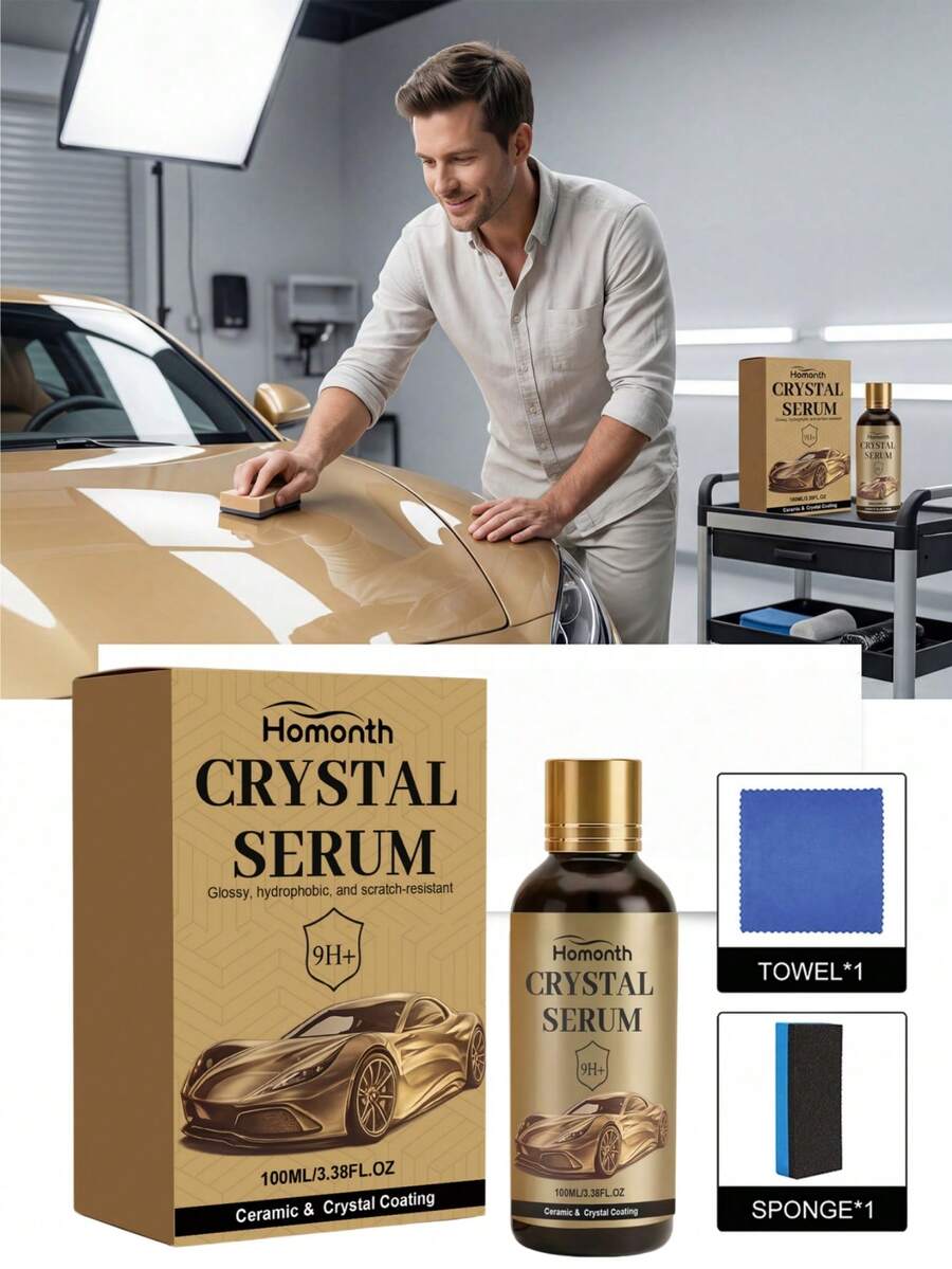 100ML 9H+ Ceramic Car Paint Coating Crystal Essence Set, Hydrophobic Glossy Anti-Scratch Car Paint Sealant, Includes Towel And Sponge, Long-Lasting Car Paint Protection Polishing Care