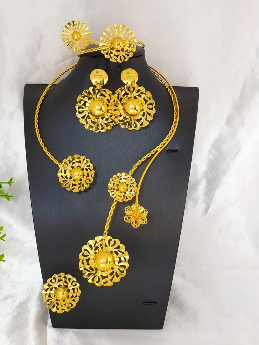 1 Necklace, 1 Bracelet, 1 Pair Of Earrings, 1 Ring, Fashion Women's Gold-Plated Vintage Hollow Floral Jewelry Set, 4pcs, Suitable For Saudi Arabia, Middle East, Dubai, Europe, America, Africa, Bride, Wedding, Banquet, Date, Dress Accessories, Mother's Day, Valentine's Day, Birthday, Wedding Season, Daily Wear, Gift For Mom, Sister, Girlfriend - Yellow Gold - View 1