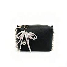 Black PU Chain Crossbody Bag With Sweet Pearl Bow Heart Charm, Versatile Small Shoulder Bag For Girls - A - View 7