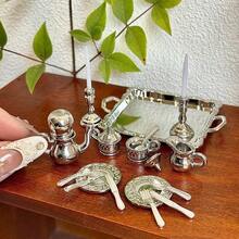 1:12 Mini Juego de Té, Tetera Mini de Metal, Tazas de Té Pequeñas, Mini Muñeca, Accesorios para Casa de Muñecas - Plateado - Ver 8