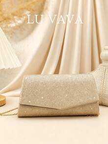 LUVAVA 奢華信封手拿包，不對稱剪裁設計，採用微珍珠閃光面料與金屬裝飾，可拆卸鏈條提供多種攜帶方式，適合婚禮賓客、晚宴、雞尾酒會、約會、日常通勤，高端成熟社交風格 (金色) - 金色 - 查看 2