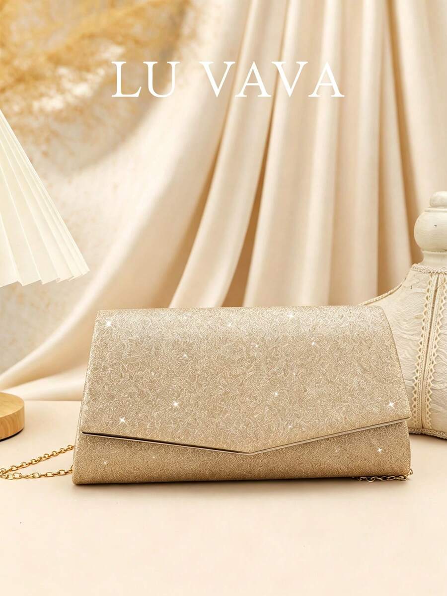 LUVAVA 奢華信封手拿包，不對稱剪裁設計，採用微珍珠閃光面料與金屬裝飾，可拆卸鏈條提供多種攜帶方式，適合婚禮賓客、晚宴、雞尾酒會、約會、日常通勤，高端成熟社交風格 (金色)