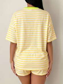 Vellofy Women's Casual Striped Two Pieces Set With Round Neck Short Sleeve Top And Shorts Summer - Yellow - View 2
