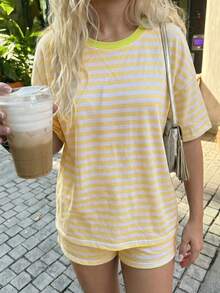 Vellofy Women's Casual Striped Two Pieces Set With Round Neck Short Sleeve Top And Shorts Summer - Yellow - View 6