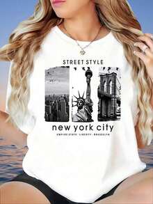 Pattern Printed Short-Sleeved Camiseta STREET STYLE New York City EMPIRE STATE LIBERTY BROOKLYN Diseño Gráfico Tees Women Tops - Blanco - Ver 2