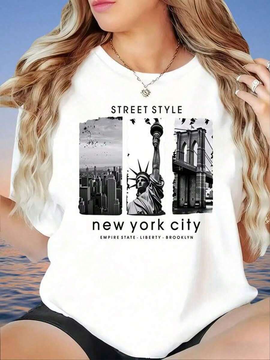 Pattern Printed Short-Sleeved Camiseta STREET STYLE New York City EMPIRE STATE LIBERTY BROOKLYN Diseño Gráfico Tees Women Tops