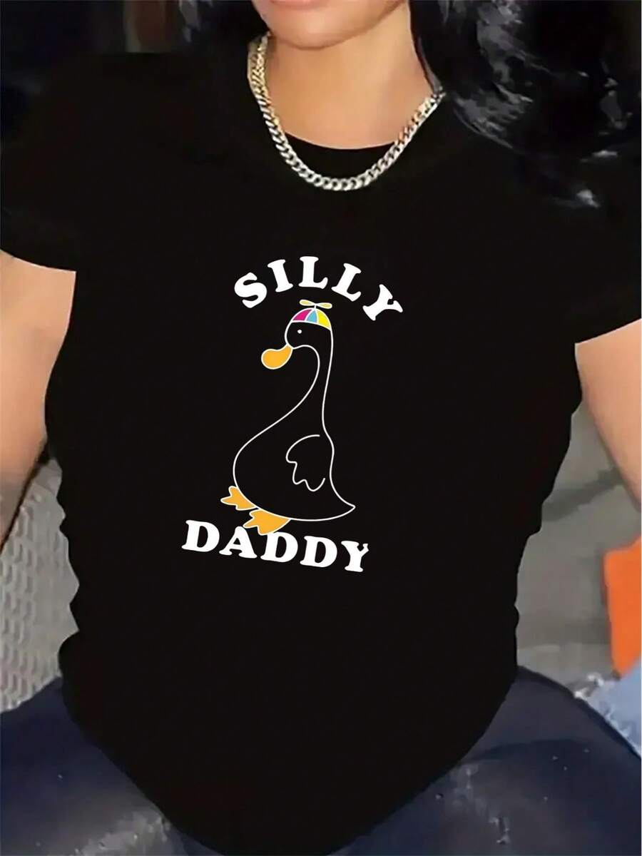 Camiseta de manga corta para hombre, con un divertido estampado de pato papá, tela ligera y duradera, adecuada para uso casual en casa o en restaurantes, una opción divertida para un conjunt - Negro - Ver 1