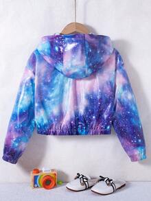 Girls' Casual Fashion Starry Gradient Shiny Short Zip-Up Hooded Jacket With Pockets For Spring And Autumn - Blue - View 2