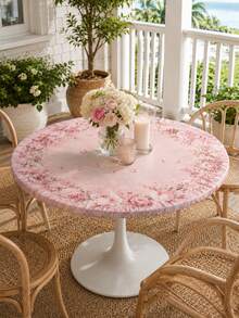1Pc Pink Rose Round Stretch Tablecloth, Elegant Polyester Elastic Fitted Table Cover, Floral Wreath Print Washable Dustproof Table Protector Slipcover For Dining Table, Kitchen, Wedding, Party, Spring Home Decor - Multicolor - View 10