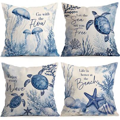 4pcs Blue Ocean Text Design Pattern Pillow Covers Without Inserts, Single-Sided Printed Pillow Covers, Suitable For Living Room Bedroom Home Decor, All Season Pillow Covers