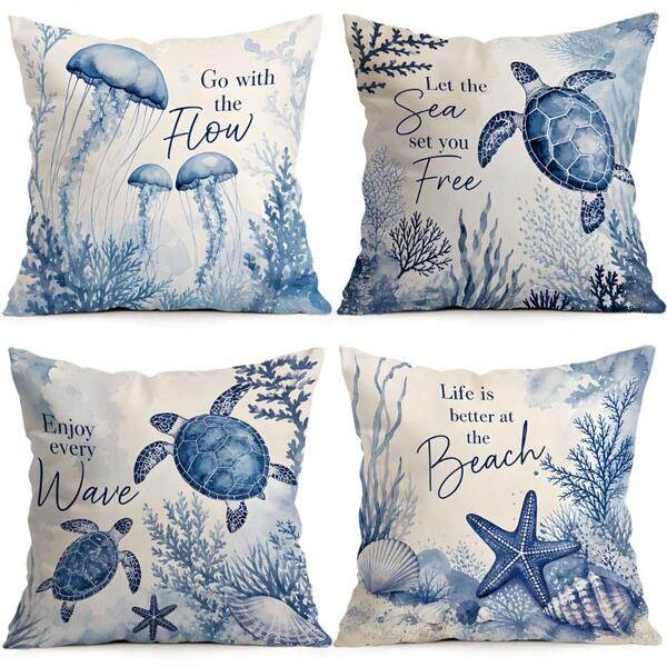 4pcs Blue Ocean Text Design Pattern Pillow Covers Without Inserts, Single-Sided Printed Pillow Covers, Suitable For Living Room Bedroom Home Decor, All Season Pillow Covers