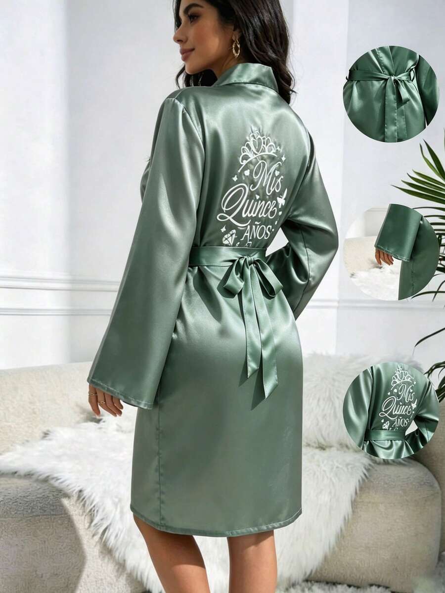Jubah Satin Bordir Mahkota Wanita, Pakaian Santai Mewah dengan Ikatan Depan, Ringan untuk Musim Panas, Nyaman untuk Musim Gugur/Musim Dingin, Pakaian Tidur Sehari-hari yang Serbaguna