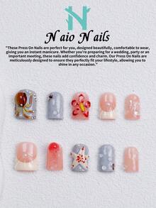 NAIO 10Pcs/Set Handmade Press On Nails, 3 Sizes: Coffin/Almond/Short Square Tips, Y2K Ocean Style, Gray Peach Pink French Edge, 3D Octopus Flower Design,Shell Pattern,Pearl Iridescent Flake Decor, Women Girls,Party Daily Wear, Tool Kit, Gift Nail Supplies - Multicolor - View 12