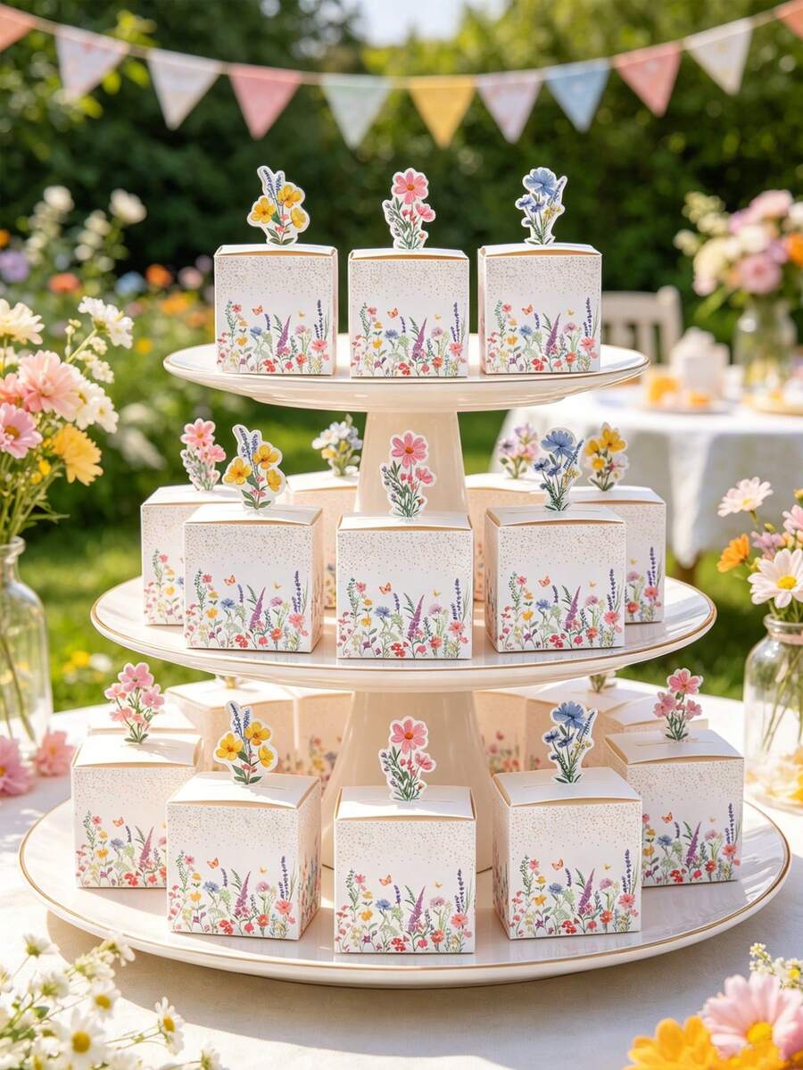24件装野花主题糖果盒，春季主题礼品包装盒，生日派对装饰，巧克力和饼干包装，派对小礼物，性别揭晓派对装饰，野花主题派对装饰